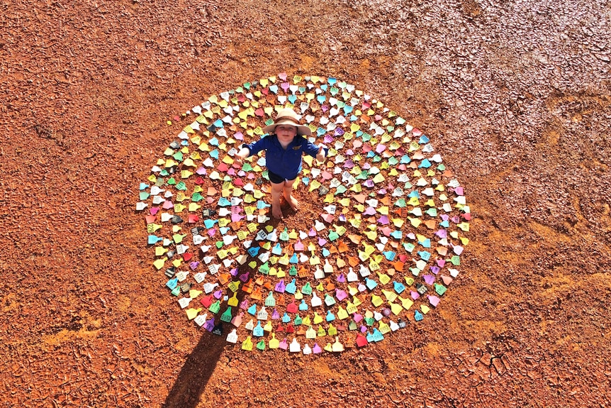 A boy stands in a circle of ear tags, looking up at the camera.