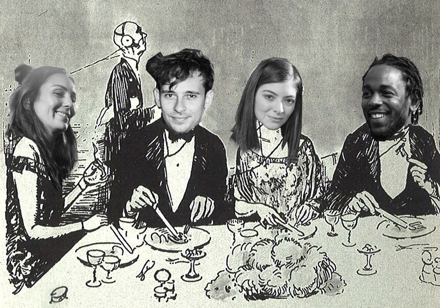 A black and white illustration of a dinner party with Amy Shark, Flume, Lorde, and Kendrick Lamar photoshopped as guests