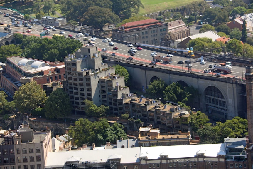 An aerial shot of the Sirius building at the Rocks.