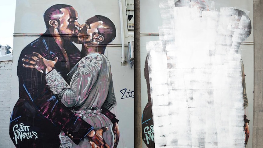 Scott Marsh's mural Kanye Loves Kanye in Teggs Lane Chippendale (left) and the one-off 'painted over'  print