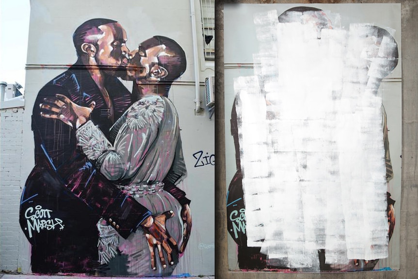 Scott Marsh's mural Kanye Loves Kanye in Teggs Lane Chippendale (left) and the one-off 'painted over'  print