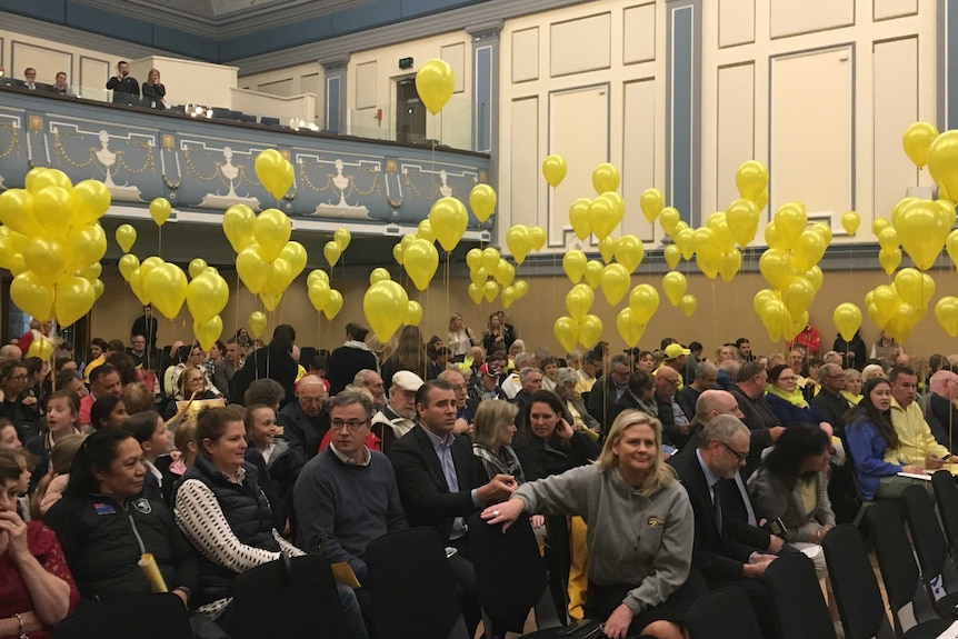 Lawn bowls club supporters at a council meeting with yellow balloons.