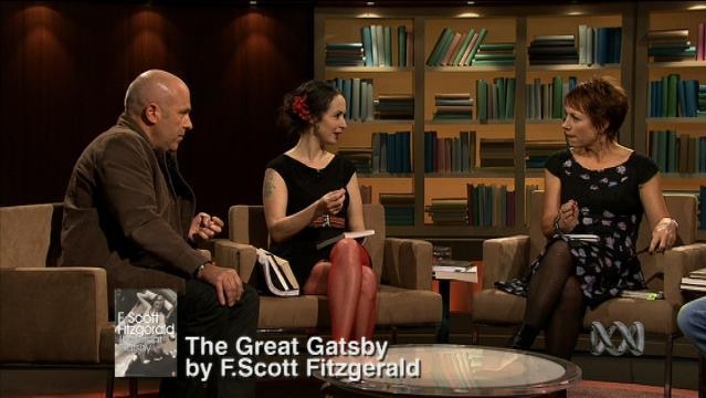 Jennifer Byrne and others sit on set of First Tuesday Book Club, text overlay reads "The Great Gatsby by F. Scott Fitzgerald"