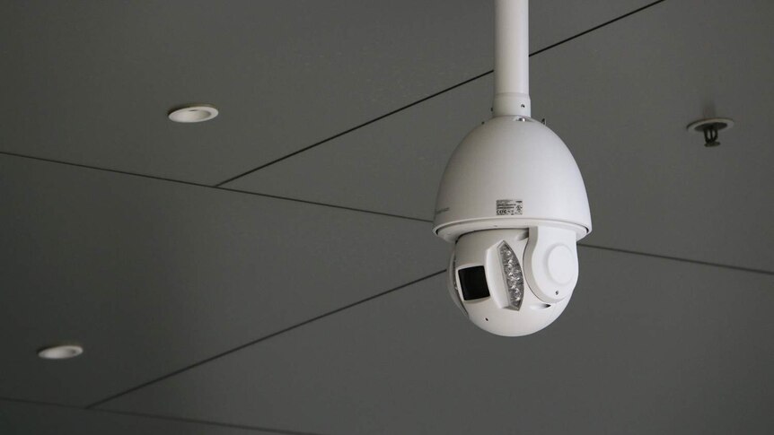 Close-up photo of security camera on a building of the Queensland Children's Hospital at South Brisbane.