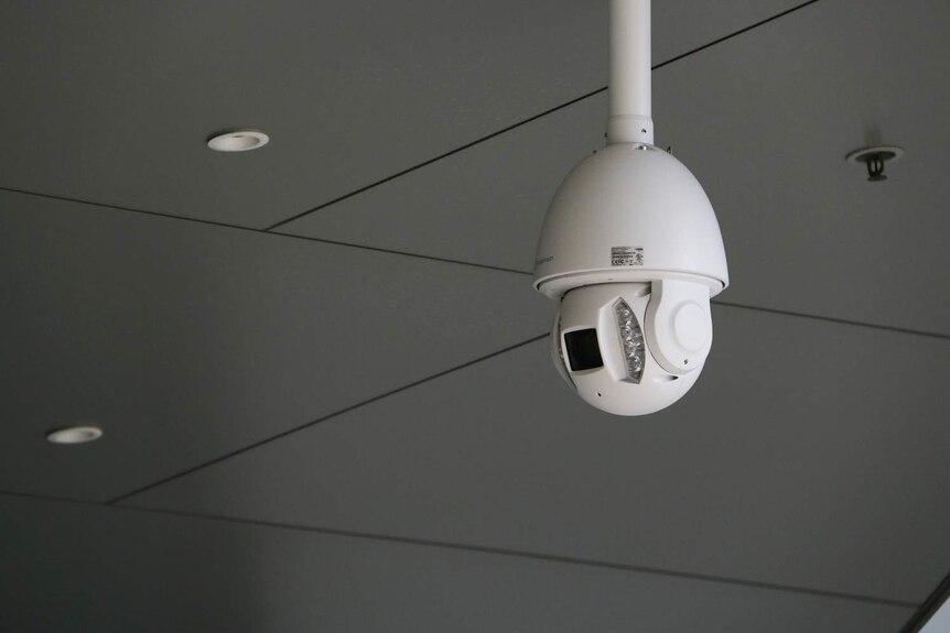 Close-up photo of security camera on a building of the Queensland Children's Hospital at South Brisbane.