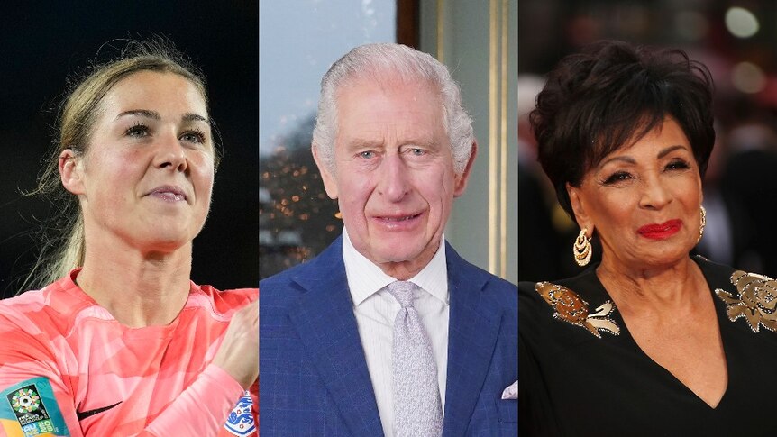 A composite of three images: England goalkeeper Mary Earp in a jersey, King Charles in a suit, and Shirley Bassey