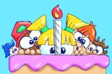 Illustration of small kids gathered around a birthday cake to depict a parent's guide to surviving kids' birthday parties.