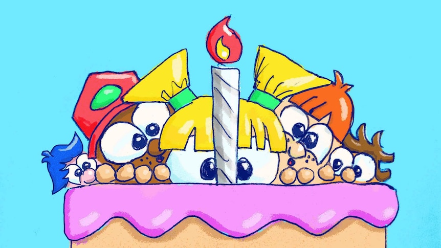 Illustration of small kids gathered around a birthday cake to depict a parent's guide to surviving kids' birthday parties.