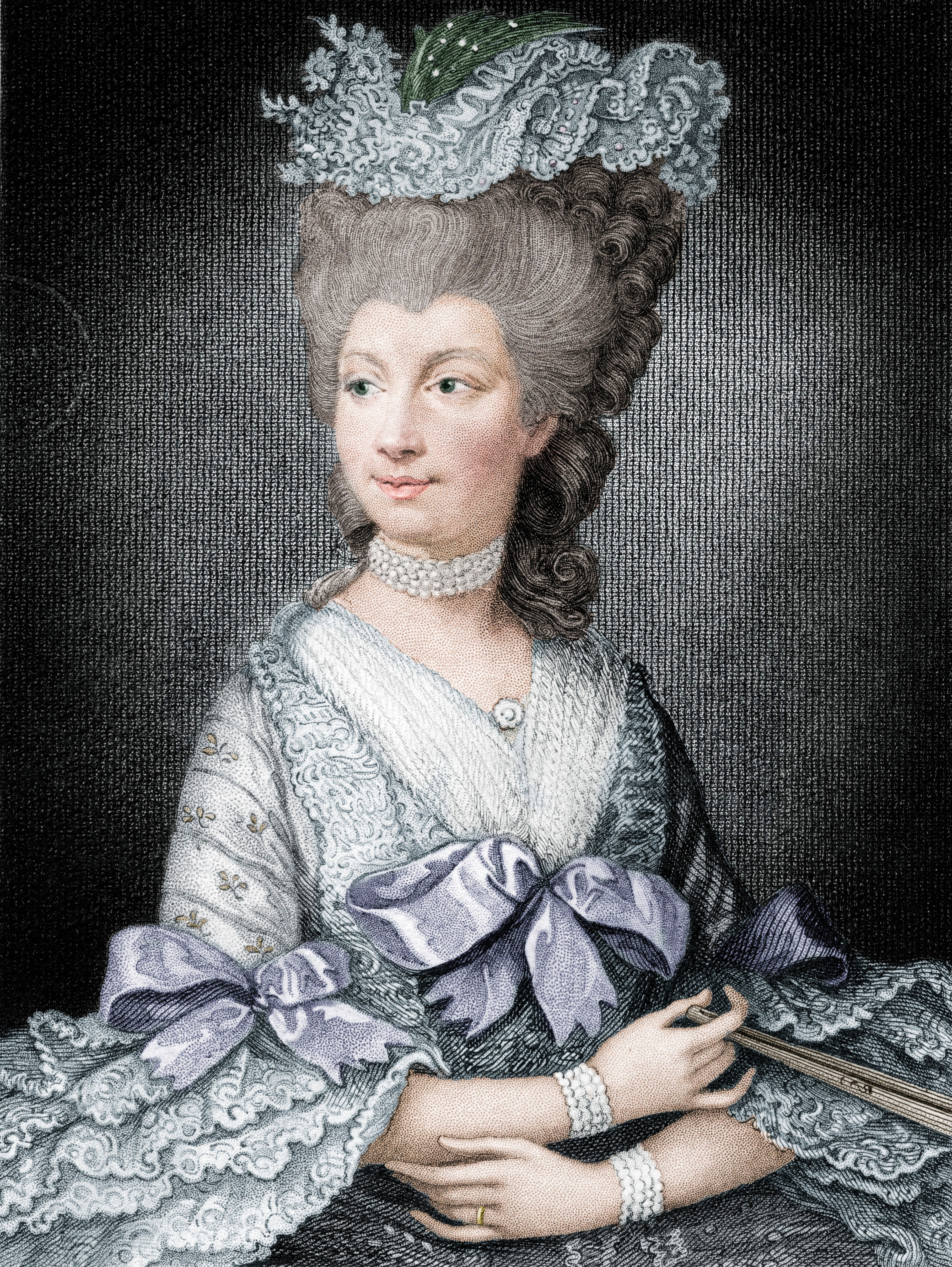 A portrait of Charlotte in a blue gown, matching hat and pearl necklace.