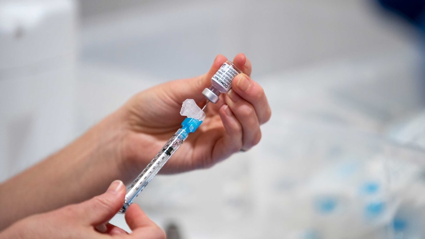 A person inserts a needle into a dose of Pfizer vaccine.