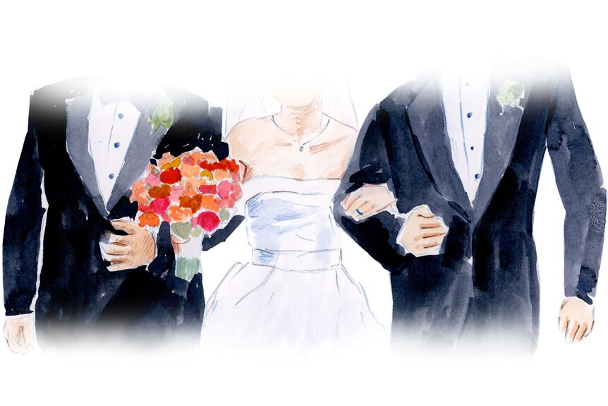 A bride walks down the aisle, linking arms with two men.