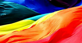 Rainbow coloured flag close up appears to blow in the wind.