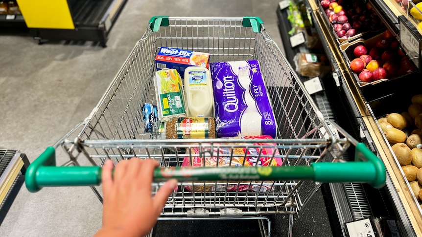 A Woolworths trolley filled with toliet paper, instant coffee, tampons, milk, eggs, bread and Weetbix.