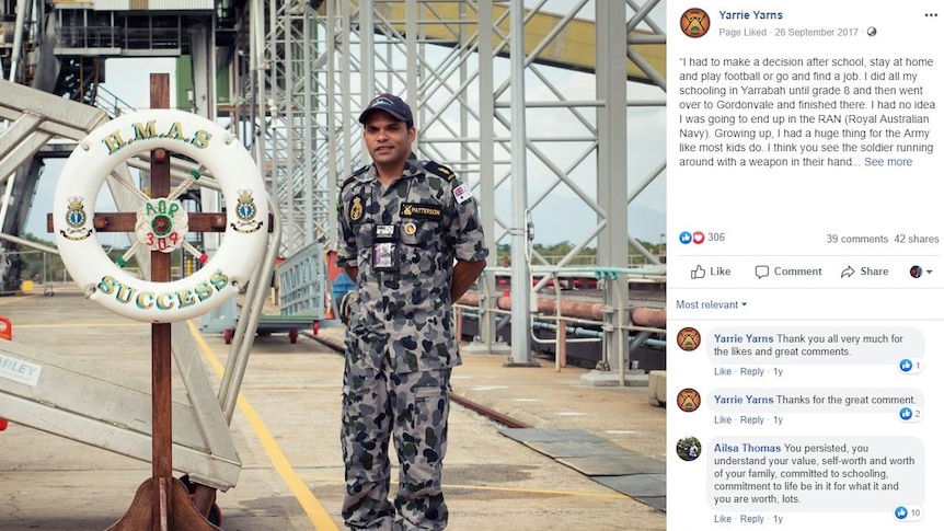 Screenshot of Facebook post with a photo of a Navy seaman in uniform standing next to a lifebuoy with the words H.M.A.S Success