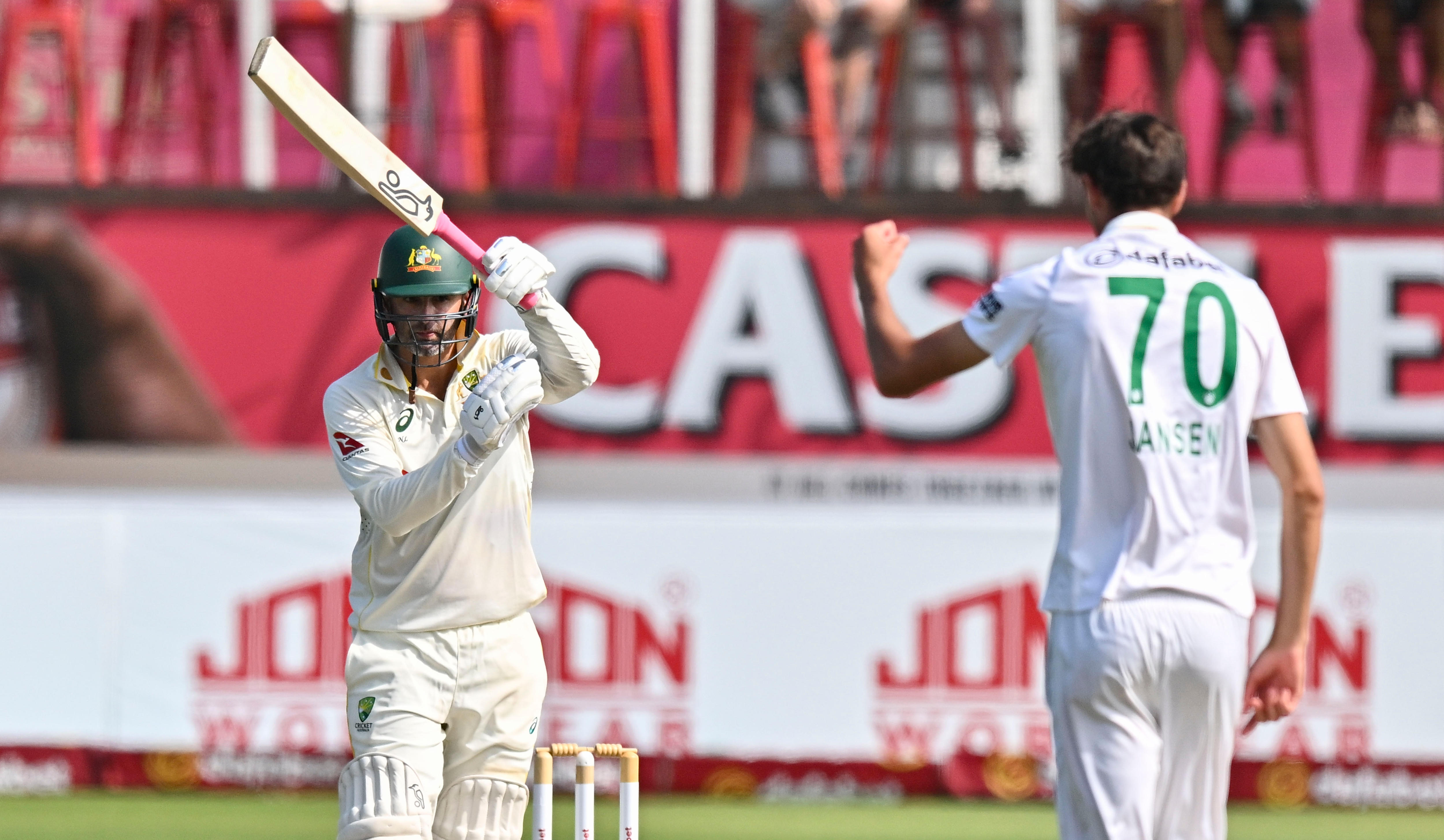 Nathan Lyon signals for a review after being given out LBW against South Africa.