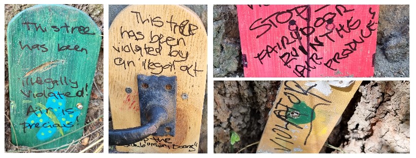 A composite image showing small doors made by children that have been vandalised with environmental slogans.