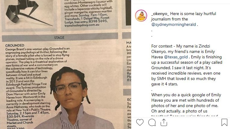 Okenyo's Instagram account of a photo of the Sydney Morning Herald which features her photo instead of Emily Havea.