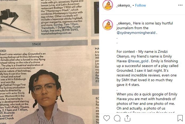 Okenyo's Instagram account of a photo of the Sydney Morning Herald which features her photo instead of Emily Havea.