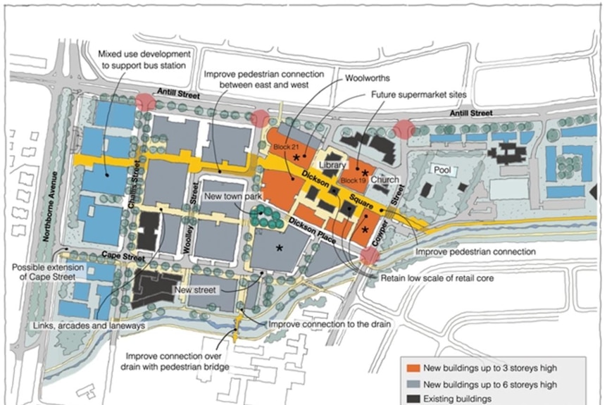The Dickson Centre Master Plan has been released including suggested new building heights, retail space and a town centre park.
