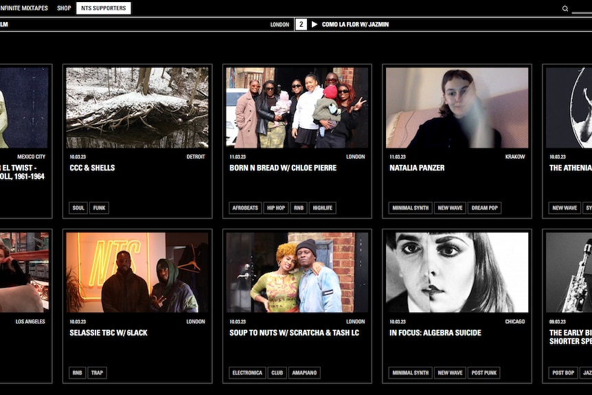 A screenshot of the NTS website featuring thumbnail images that link to radio programs.