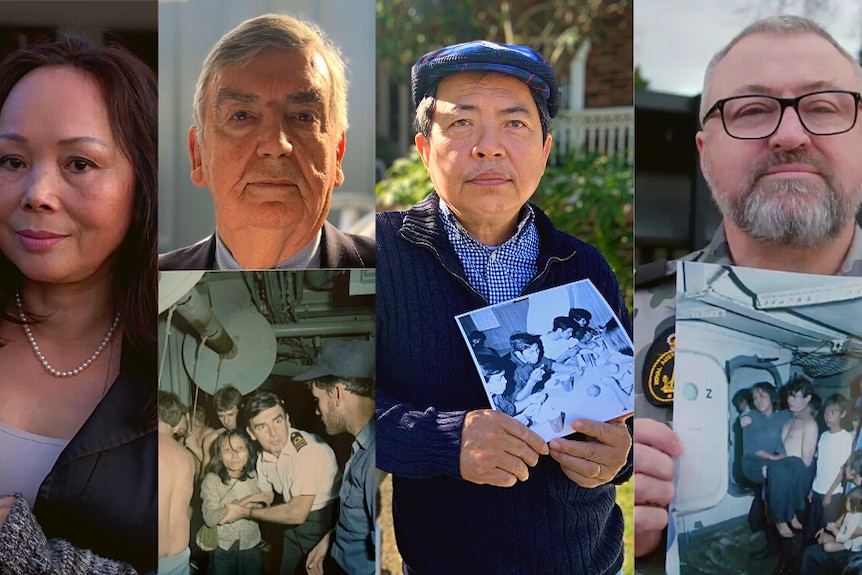 A composite of one woman and three men holding black and white photographs from a sea rescue in 1981