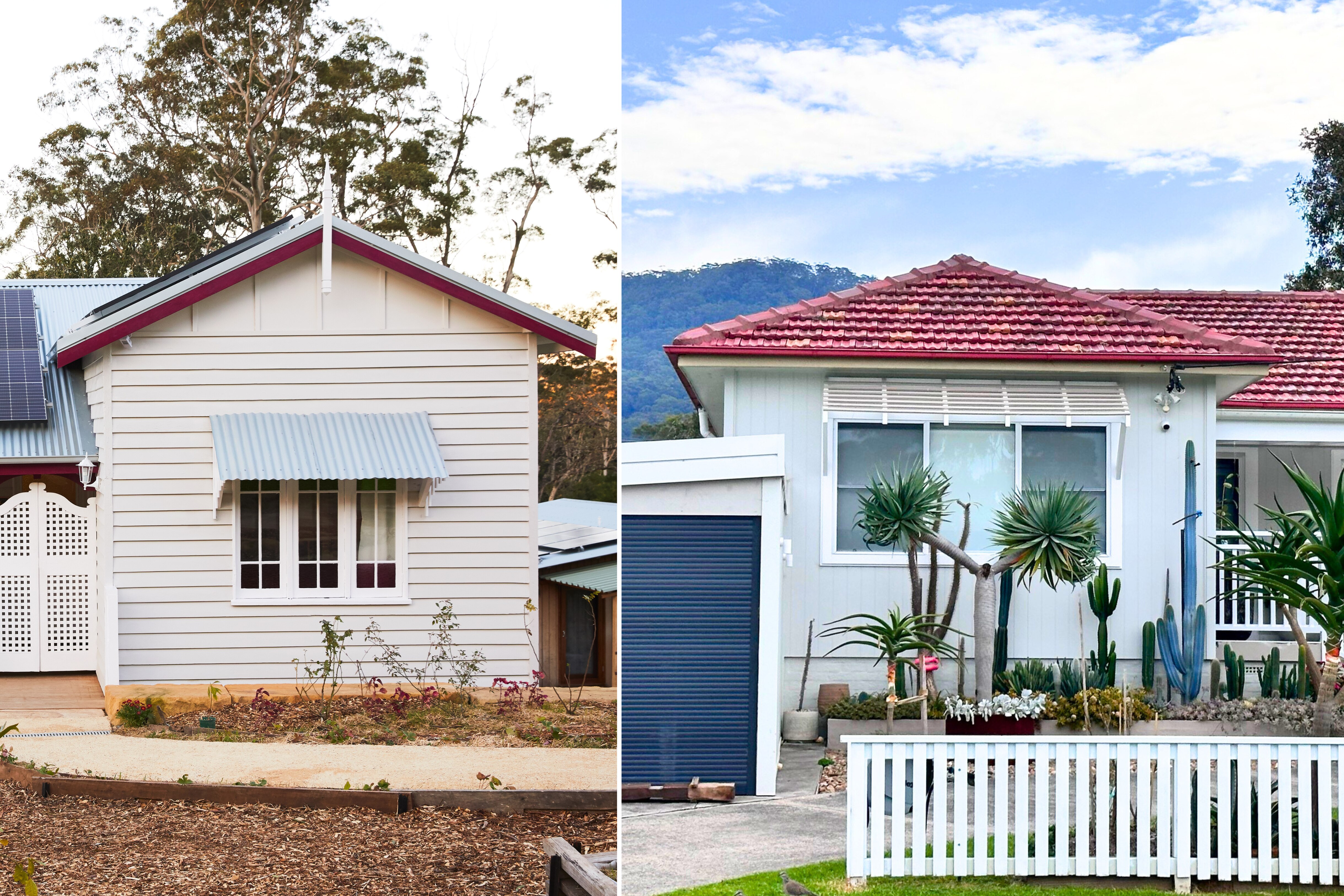 Комбинированное изображение двух домов с вытяжками на окнах. Слева — гофрированное железо, справа — рейки.