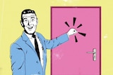 A cartoon image of a door-to-door salesman