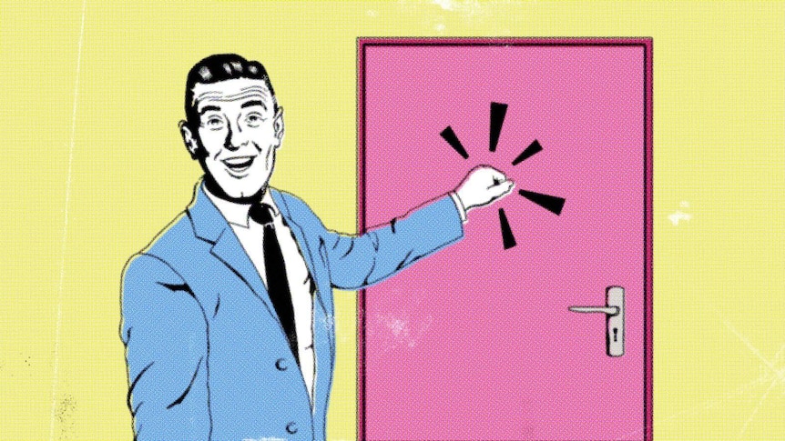 A cartoon image of a door-to-door salesman