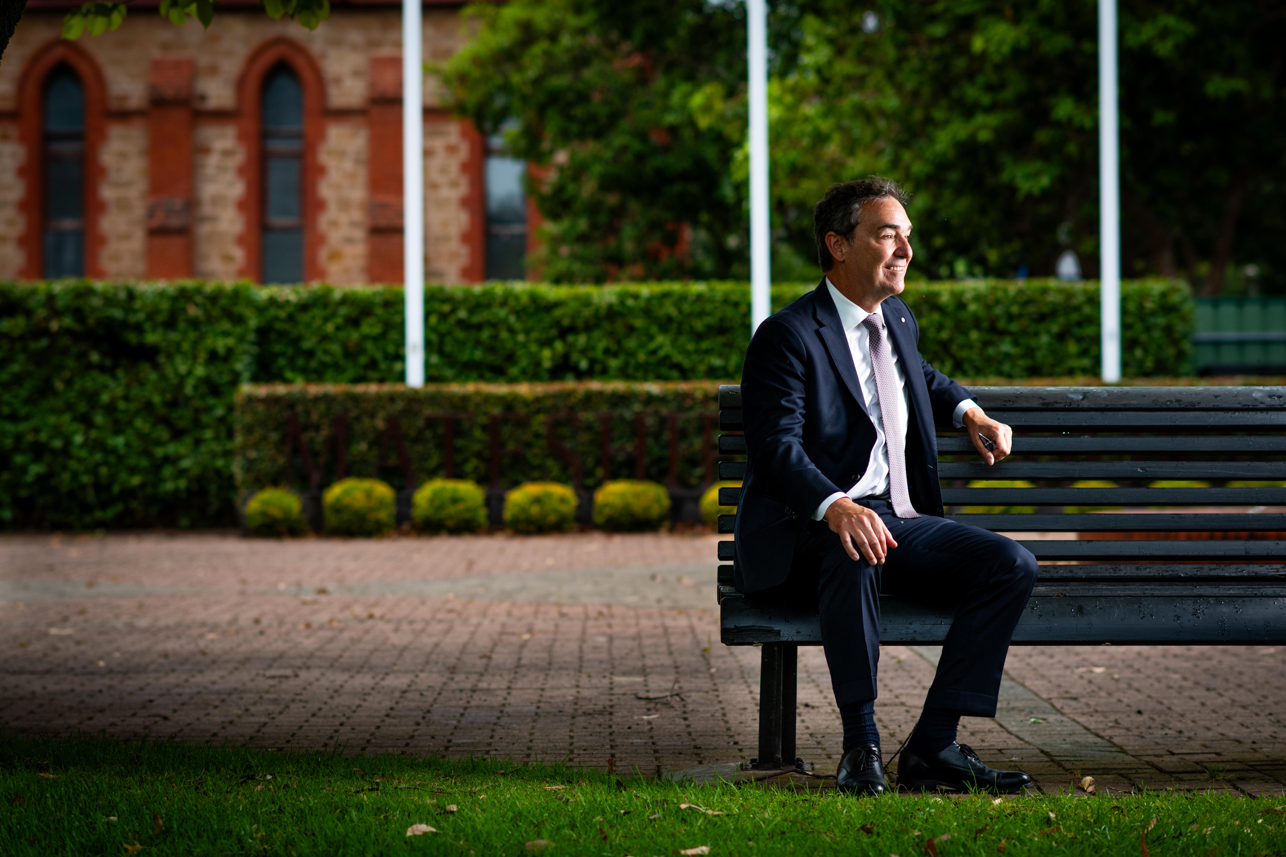 Steven Marshall sits and smiles.
