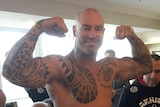 Australian Lucas Browne posing at the weigh in on the eve of the boxing world heavyweight title fight in Grozny, Chechnya.