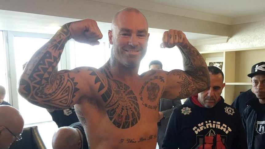 Australian Lucas Browne posing at the weigh in on the eve of the boxing world heavyweight title fight in Grozny, Chechnya.