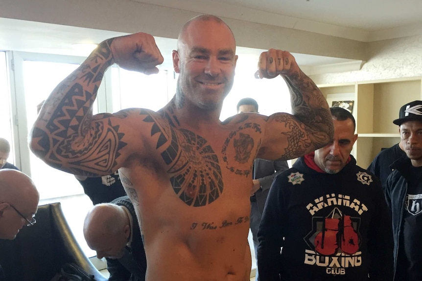 Australian Lucas Browne posing at the weigh in on the eve of the boxing world heavyweight title fight in Grozny, Chechnya.