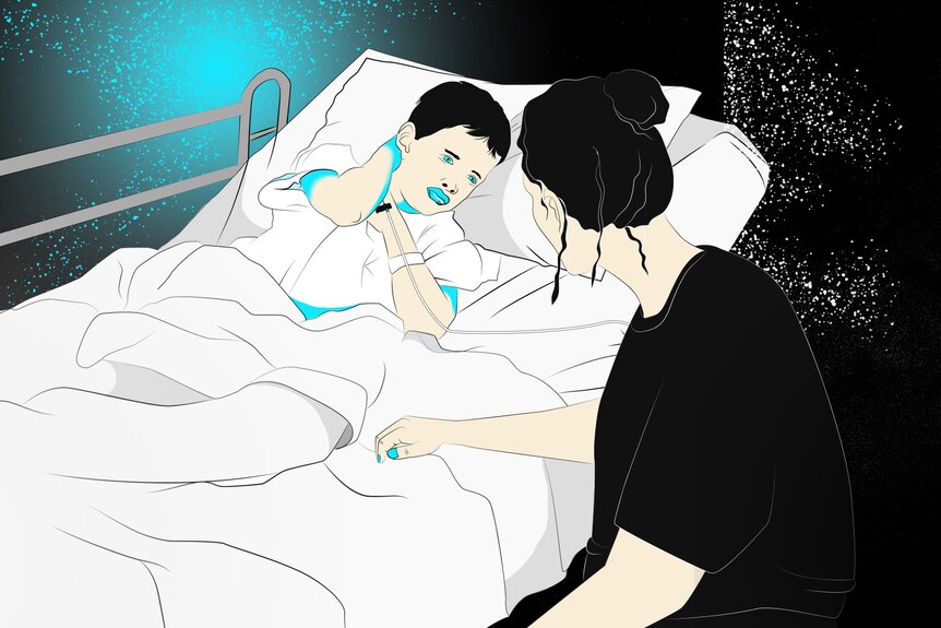 Illustration of boy in hospital bed looking distressed with mother by his side.