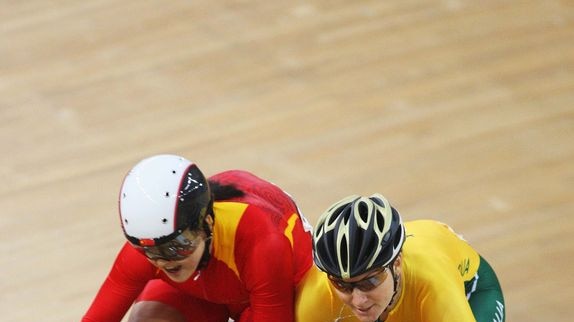 Courageous comeback: Anna Meares tussles during the women's sprint.