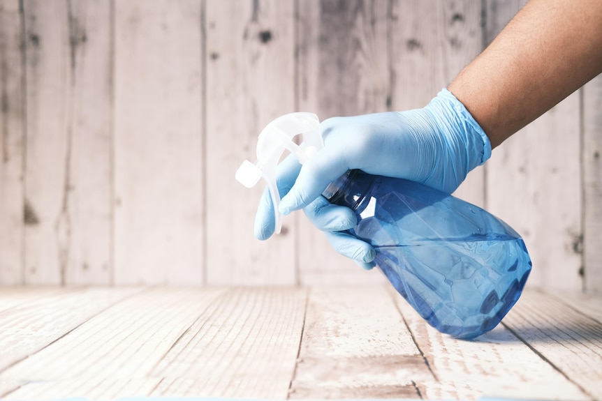 A gloved hand gripping a spray bottle. 