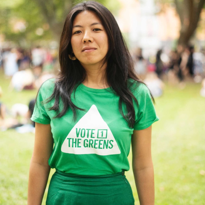 Greens candidate Monica Tan wearing a Greens t-shirt