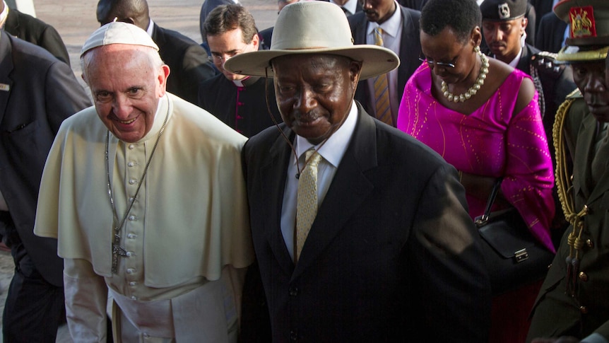 Pope Francis meets Uganda's president Yoweri Museveni