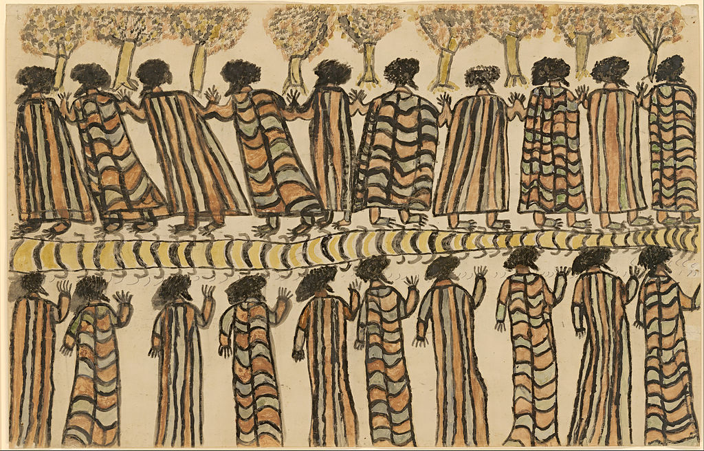 A drawing in charcoal with washes of earthy colours, showing two rows of people wearing possum skin cloaks.