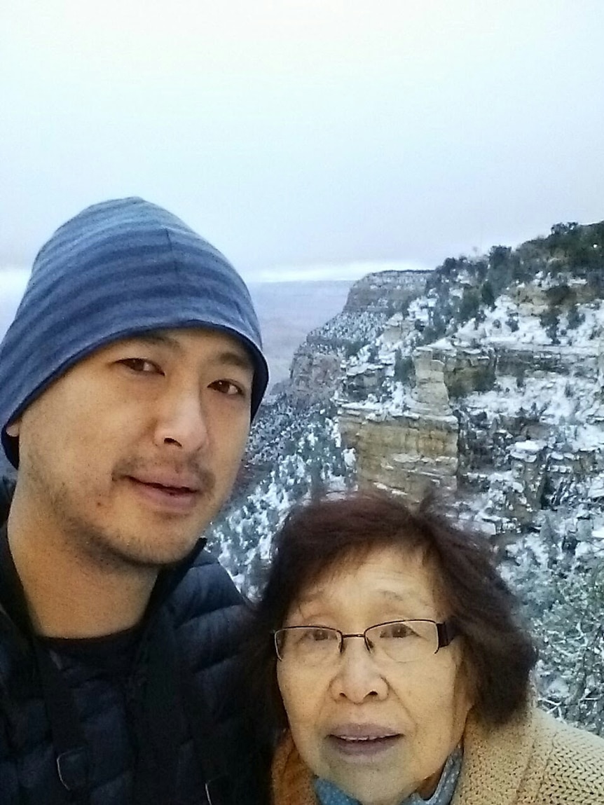 Christian Harimanow and his mum at the Grand Canyon for a story on mother-son relationships
