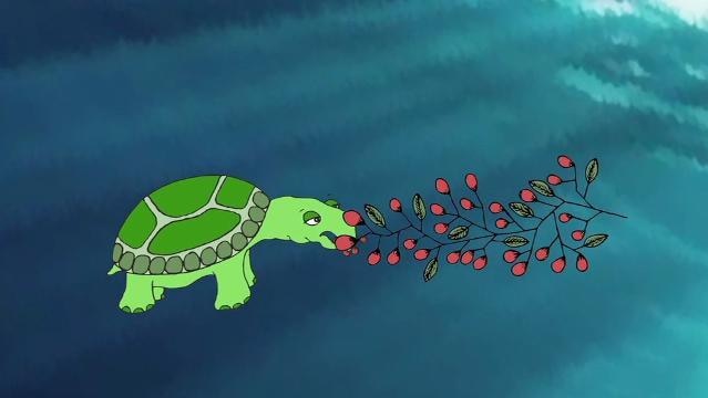 Animated image of green turtle underwater eating plant with berries