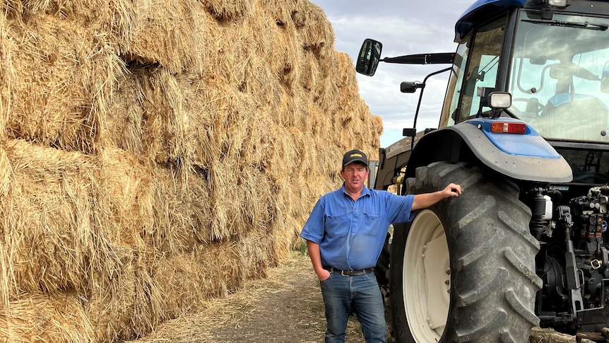 farmer Scott Tonkin standing in front of  donated fodder, destined for farmers on King Island.