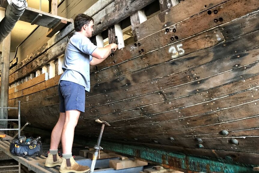 MV Krait checking for timber rot, April 2017