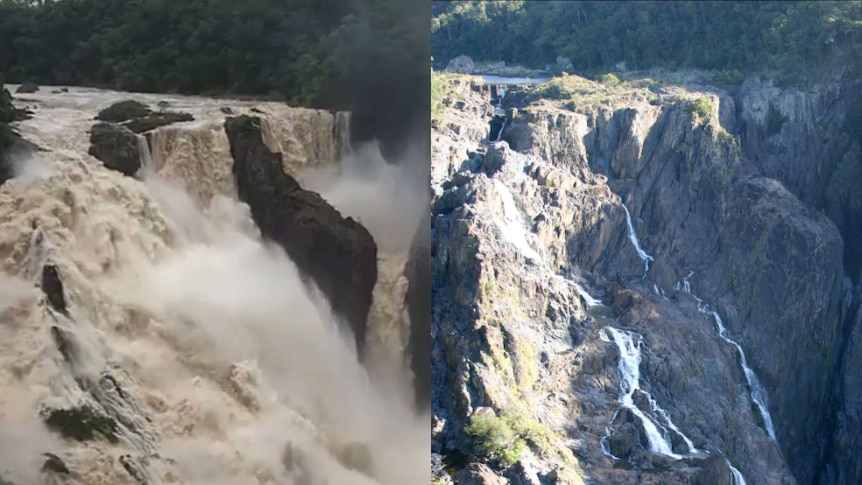 Barron falls in full flood during wet season compared to a trickling waterfall in dry season.