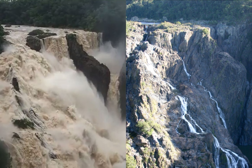 Barron falls in full flood during wet season compared to a trickling waterfall in dry season.