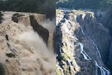 Barron falls in full flood during wet season compared to a trickling waterfall in dry season.