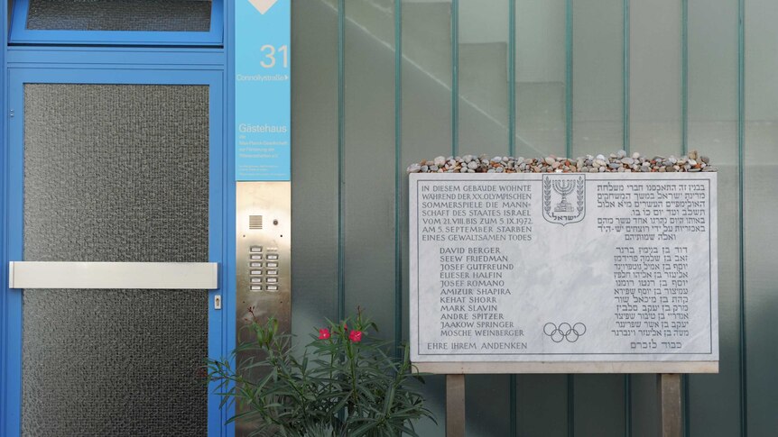 Commemorative plate for Munich Olympics massacre victims at house where Israeli team stayed.