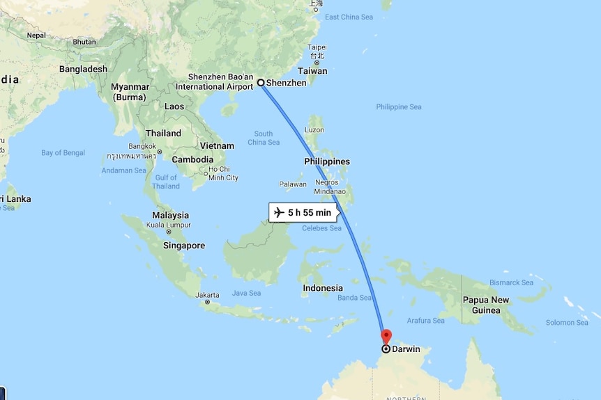 Google Maps flight path of direct flights from Shenzhen to Darwin