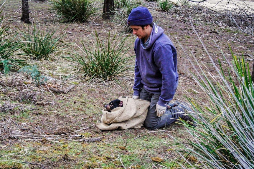 Picture of a man wearing a beanie and gloves releasing a devil from a sack