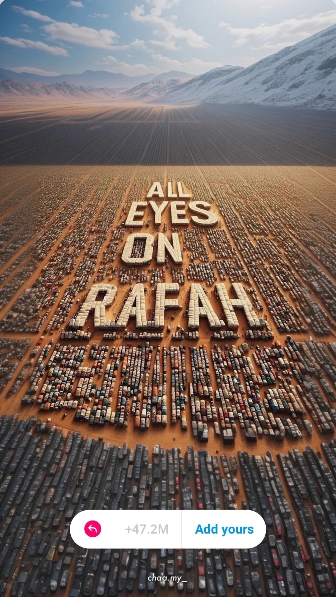 An AI generated image of tents forming letters reading All Eyes on Rafah