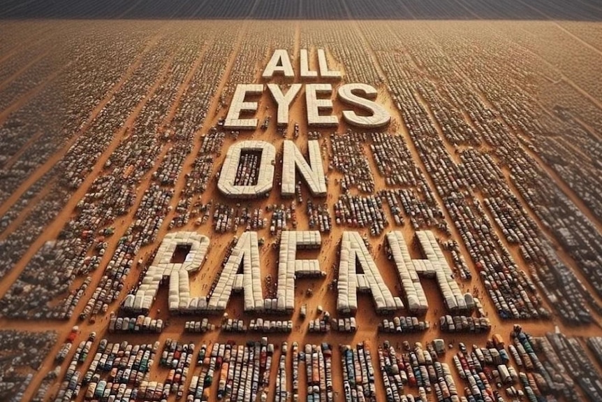 An AI generated image of tents forming letters reading All Eyes on Rafah